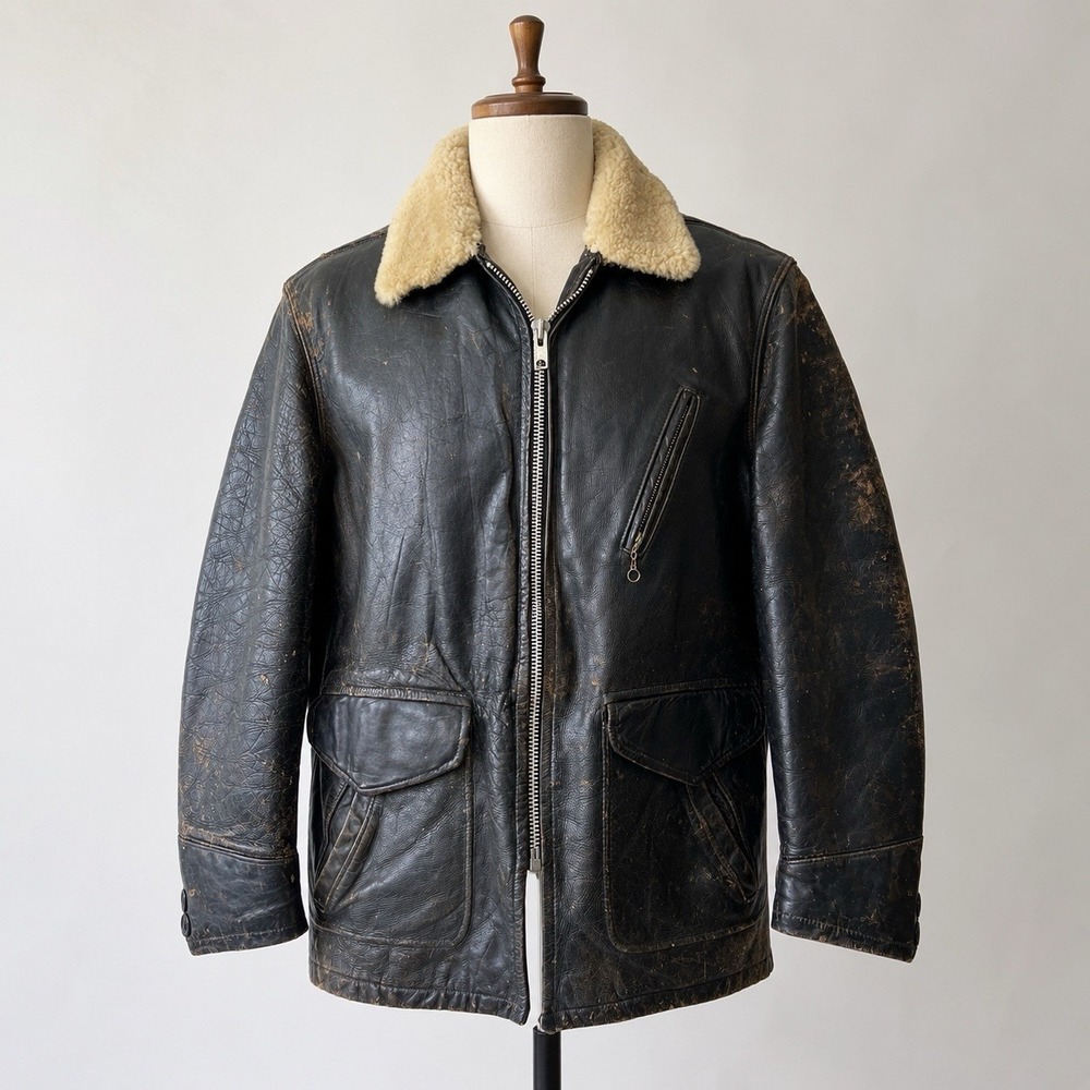 Vintage 50s Schott Perfecto Steerhide Leather Shearling Collar Car Coat‎ Jacket